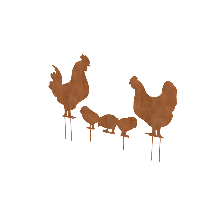 Décoration de jardin Famille de poulets en acier corten