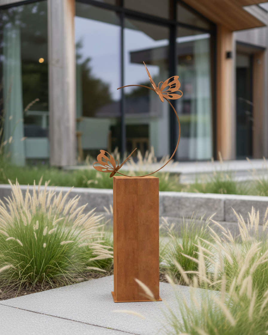 Tuinornament Vlinders met ring op sokkel